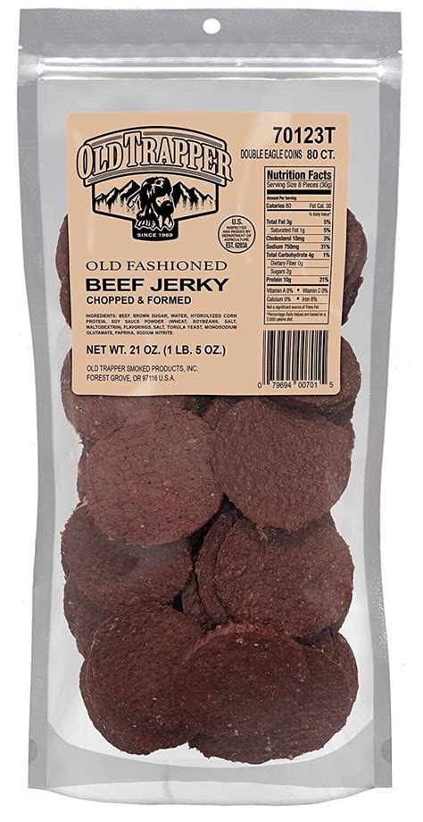 The lid bears a large red label marked for retail sales at four. . Old trapper jerky rounds